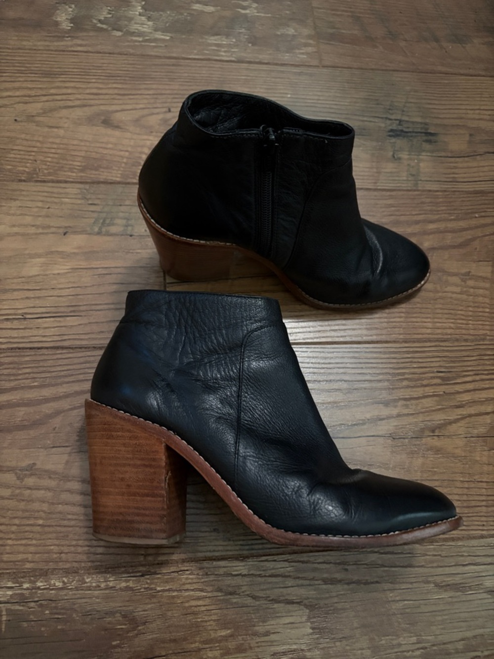 Loeffler Randall Black Leather Ankle Booties with Wood Stacked Heel